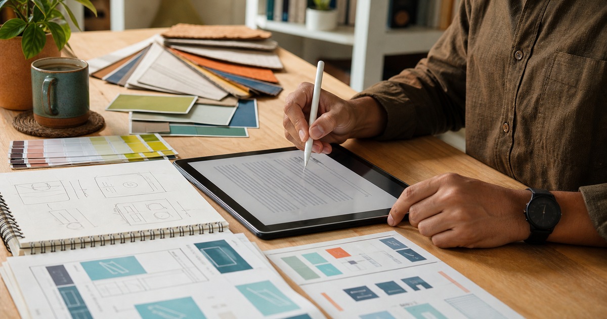 Freelance designer in India reviewing a contract on a tablet
