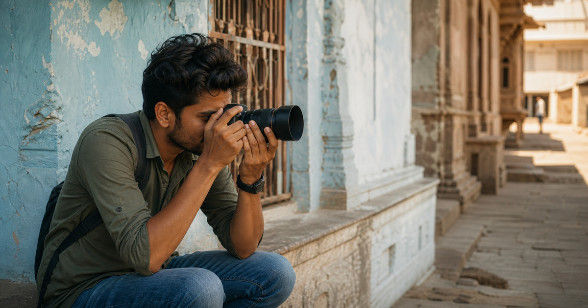 Freelance photographer in India shooting with a camera, natural light